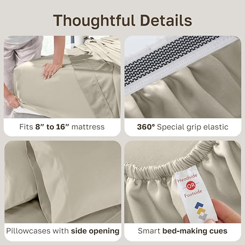 Image of California Design Den Luxury 800 Thread Count California King Sheets, Beige | 100% Cotton Sateen Backed by Good Housekeeping Seal - Soft & Thick, 16 inch Deep Pocket, All-Around Elastic, 4 Pc Set, Easy Care