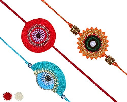 Image of MASQ by Q-One Designer Rakhi Combo Set with Roli Chawal & Moli for Men (Pack of 3) | Embroidered Handcrafted Raksha Bandhan Bracelet for Brother