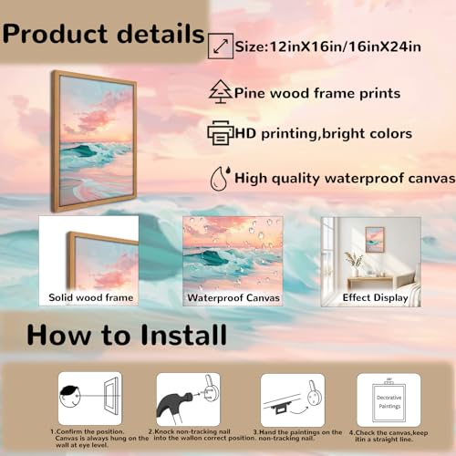 Framed Beach Wall Art, Abstract Pink Cloud Waves Pictures Wall Decor Painting,Coastal Sea Sunset scene Canvas Prints for Bedroom Bathroom Dorm room Beach House-12×16inch by GCYDZH - Used condition - Image 5