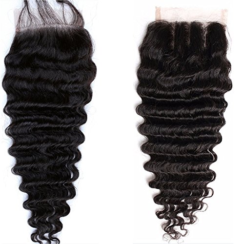 Freyja Hair Brazilian Virgin Hair Human Hair Closure With Baby Hair Deep Wave Top Lace Closure Part 8-20" Naturl Black Bleached Knots (free part 12")