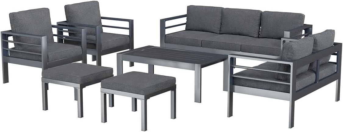 AECOJOY Aluminum Patio Furniture Set, 9 Seats Modern Outdoor Furniture with Coffee Table, 7 Pieces Metal Conversation Sectional Sofa, Dark Gray