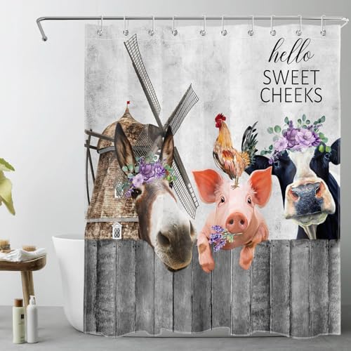 LB Graues Bauernhaus Duschvorhang 150x200cm(BxH) Esel Schwein Kuh Huhn Antischimmel Wasserdicht Badezimmer Gardinen,Grauer Zaun Lila Blume Extra Lange Polyester Stoff Bad Vorhang mit Haken