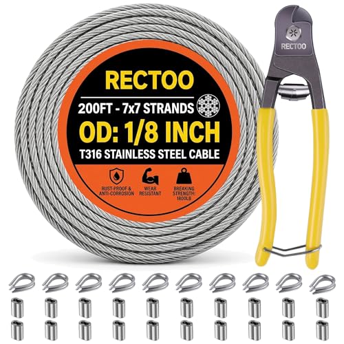 RECTOO 200FT 1/8' T316 Stainless Steel Cable with Cutter, 7x7 Strands Aircraft Wire Rope for Deck...