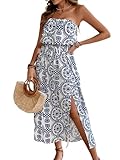 Women's Ruffle Floral Maxi Summer Casual Dress Off Shoulder Wedding Guest Slit Hem Beach Prom Dresses 7225 Blue White L