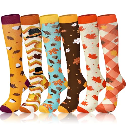 HooLing 6 Pairs Fall Fun Compression Socks Autumn Halloween Socks for Women Men with Turkey, Maple Leaf, 6 Design(Classic Style)