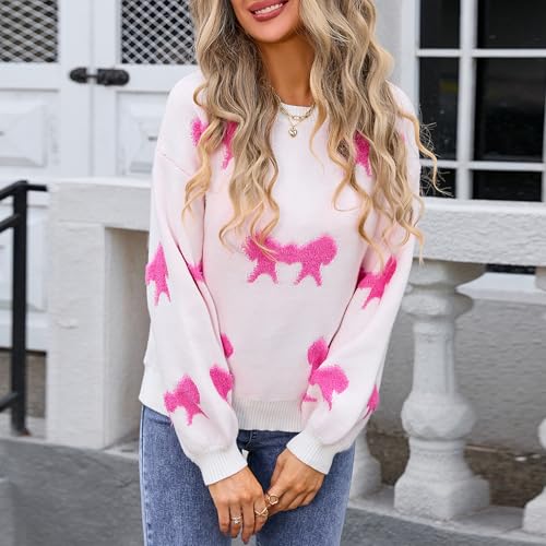 Image of Women Cute Bow Knit Sweater Y2k Long Sleeve Crew Neck Knitted Pullover Top Oversized Going Out Fall Winter Knitwear