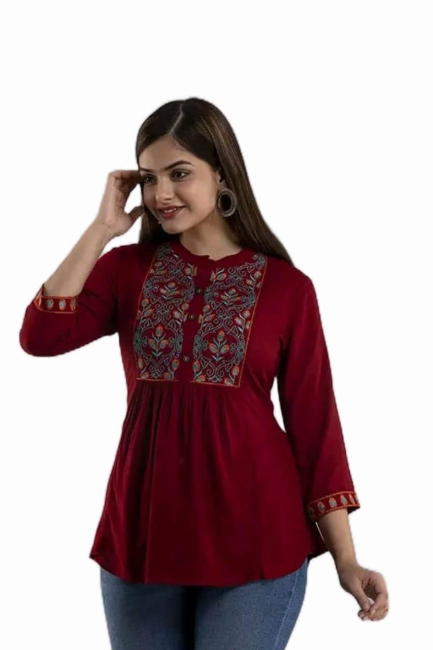 Women's Floral Embroidered Cotton Tunic Top, 3/4 Sleeve (in, Alpha, L, Regular, Marron)-picture-16