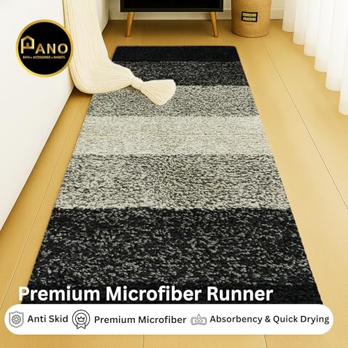 Image of Pano Textured Striped Runner Rug 45x130 cm Grey | Anti-Skid, Super Soft & Ultra Absorbent Floor Runner | Quick Dry & Washable Runner for Bathroom, Kitchen, Bedroom & Living Room
