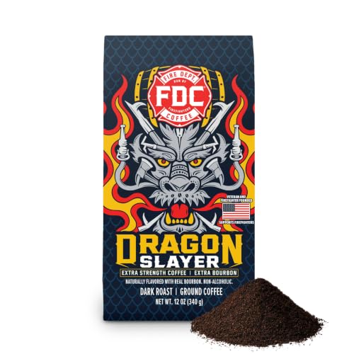 Image of Fire Department Coffee Dragon Slayer Coffee - Gives Back to Firefighters - Bourbon Infused - Ground Dark Roast - Non-Alcoholic - Roasted in the USA - Veteran Owned - 12 oz