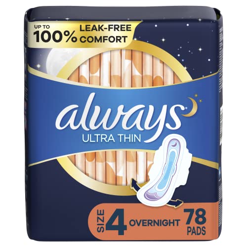 Always Ultra Thin Feminine Pads with Wings for Women, Size 4, Overnight Absorbency, Unscented, 26 Count x 3 Packs (78 Count total) - 78 Count (Pack of 3)