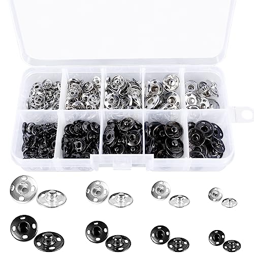 Lot de 110 boutons-pression à coudre - Noir/argenté - En métal - Pour portefeuille, sac à main, vêtements, couture, artisanat, livraison (7 mm, 8 mm, 10 mm, 12 mm)