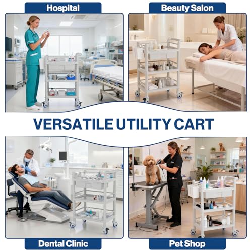 Medical Mobile Trolley Cart 3 Tier 500 Lbs Spacious Beauty Salon Rolling Trolley with Dirt Buckets Drawers 360°Rotate Wheels Heavy Duty Medical Utility Cart for Hospital Dental Clinic - Thumbnail 6