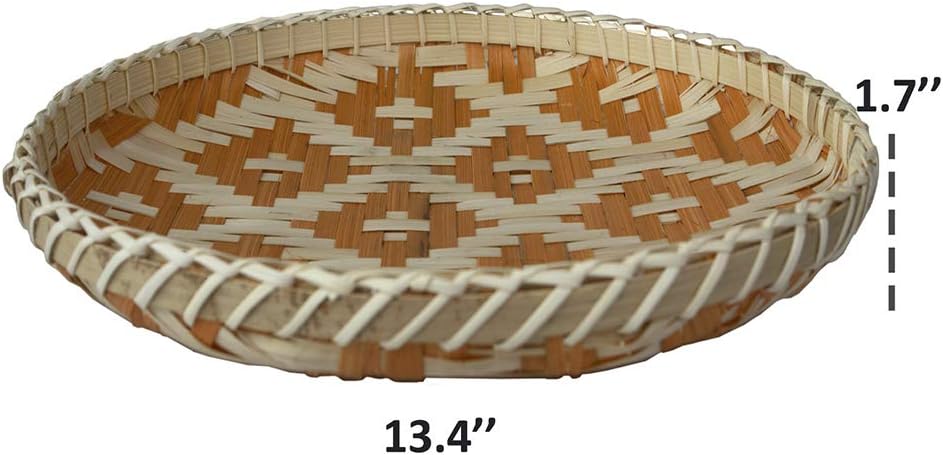 Bamboo Woven Round Basket Tray Rustic Wood Decorative Serving Tray for Breakfast, Drinks, Snack, Coffee Table | Chic Rustic Boho Decor Wall Hanging Home Decoration (Round - Orange)
