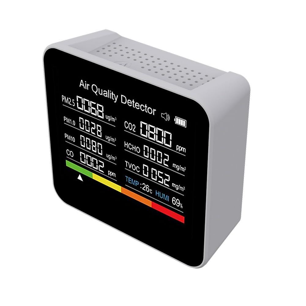 monitor co2, 9 w 1 Monitor jakości powietrza Miernik CO2 CO TVOC HCHO PM2.5 PM1.0 PM10 Pomiar temperatury i wilgotności Detektor dwutlenku węgla do domu, biura, samochodu(White)
