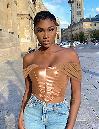 Zakinuva Elegant Pu Leather Corset Crop Top For Women Off Shoulder Mesh Sleeve Boned Bustier(Khaki,Xx-Large) #TOP1