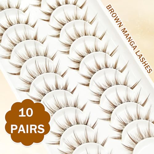 Image of MAYCREATE 10 Pairs Brown Lashes Natural Light Brown False Eyelashes Clear Band Faux 3D Mink False Eyelashes Natural Looking Fluffy Cat Eye Wispy Strip Lashes