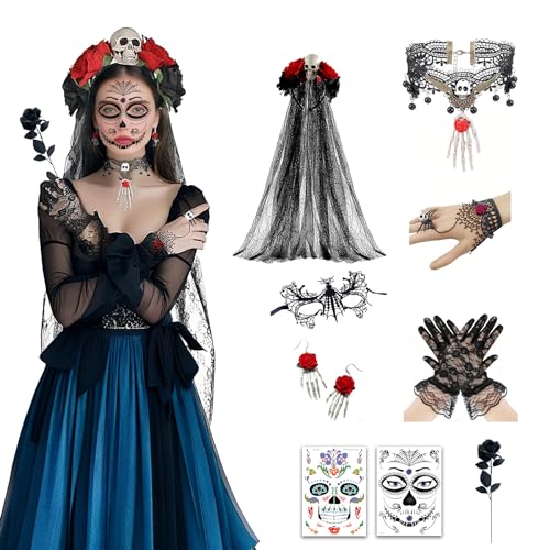 Lalieffacely Diadema Flores Mexicana, Diadema Halloween con Tatuaje Facial y Joyas Góticas para Disfraz Maquillaje Accesorios Halloween Mujer (Rojo)