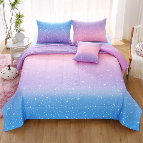 JQinHome Full Girls Comforter Set,6 Piece Bed in A Bag 3D Purple Orange Glitter Bedding Set -All Season Microfiber Rainbow Bedding Sets for Girls Women by JQinHome - Used condition - US$48.74