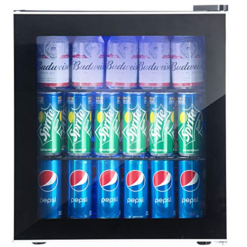 COSTWAY Beverage Refrigerator and Cooler – 62 Cans Capacity Mini Drink Fridge with LED Light, Adjustable Thermostat, Glass Door, Removable Shelves for Soda Beer or Wine for Office, Bar (1.6 cu ft)