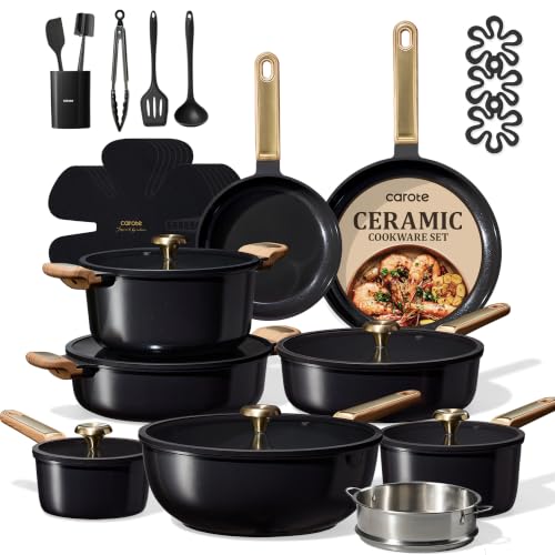 Image of CAROTE Ceramic Cookware Set Nonstick, 31pcs Pots and Pans Set Nonstick, Non-Toxic & PFAS-Free, Dishwasher Cookware Set, Cooking Pots with Lids, Black