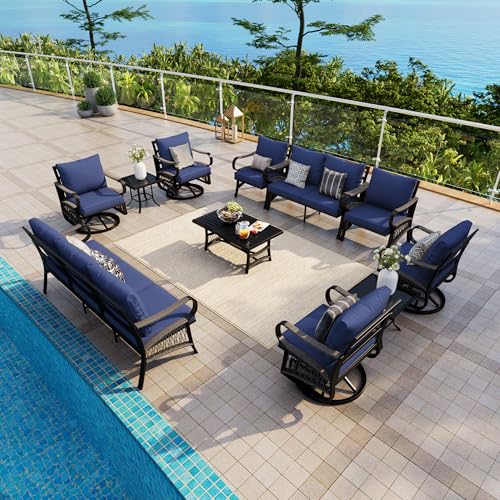 Image of 11 Pieces Patio Conversation Sets, All-Weather Metal Swivel Rocking Chairs with Rope Furniture Set, Outdoor Sofa Couch for Deck, Porch, Garden, Backyard, Poolside (Blue Cushions)