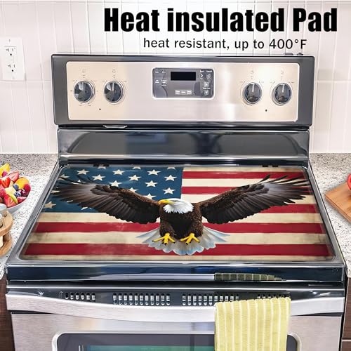 Image of Electric Stove Top Cover,American Flag Stove Cover for Glass Top Electric Stove,Bald Eagle Heat Resistant Flat Top Stove Mat Countertop Protector, 28 x 20 Inch