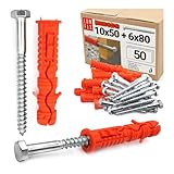 50 Stk. Set Dübel 10x50 mm mit Sechskantschraube 6x80 mm aus Nylon und Stahl weiß verzinkt inkl. Schrauben für Beton, Mauerwerk, Pergola, Fassadenmontage