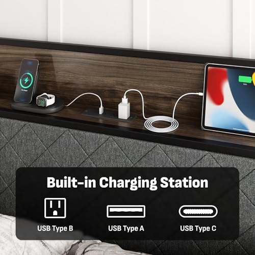 Image of Softa Queen Adjustable Bed Frame with Storage Headboard and Charging Station, Power Head Lift with 2 Footboard Drawers, Upholstered Metal Frame, No Box Spring Needed