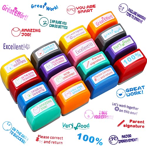 Zhehao 16 Pcs Teacher Stamps for Grading Self Inking Stamp Set Teacher Supplies Motivational Encouraging Stamp for Classroom(Warm Style)