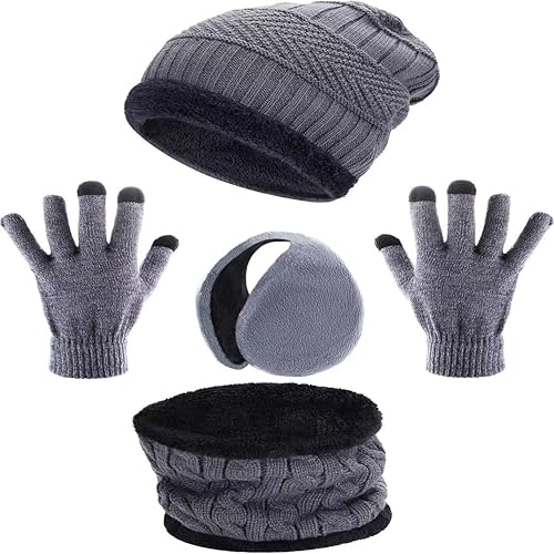 Tatuo 4 Pcs Winter Hat and Gloves Set for Men and Women and Kids Ski Warm Fleece Knit Beanie Hat Warmer Scarf Earmuff