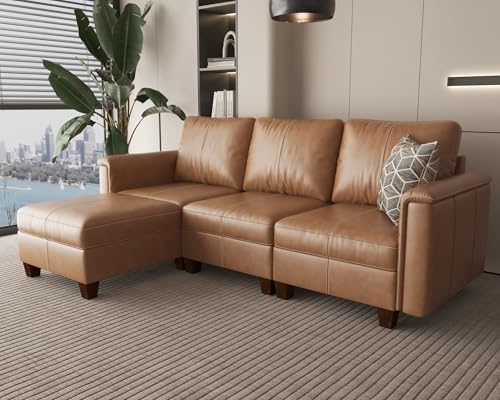 SITJOY 91" Faux Leather Modular Sectional Sofa with Storage, Mid Century Modern Sectional Couches for Living Room, Soft Padded Armrests, 3 Seater L-Shaped Couch with Ottoman, Brown