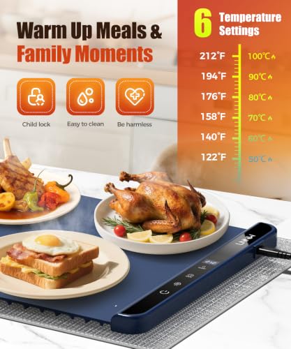 Image of Warming Mat for Food, 46x15 Inch, Dark Blue, Fast Heat, Child Lock | Includes heat-resistant pad. Perfect for chafing dishes, buffet & parties. Easy to clean & store. 6 settings, timer & lock.