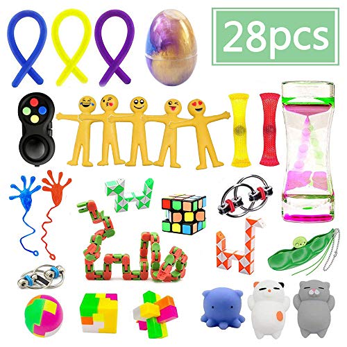 Sensory Fidget Toys Set [28 Pack] Bundle Sensory Tools Toys Set for Stress Relief and Anti-Anxiety for Kids and Adults-Liquid Motion Timer/Mochi Toys/Soybean/Wacky Tracks Snap/Stretchy Strings & More