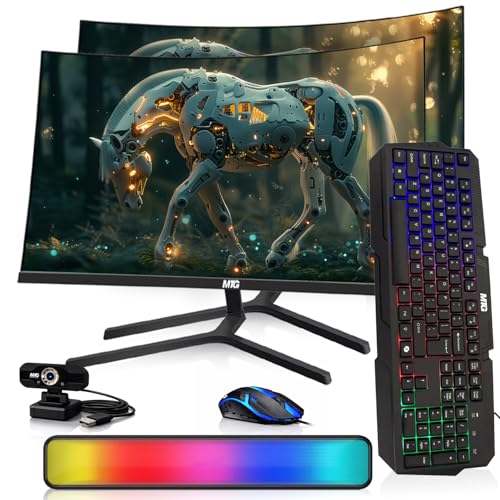 Image of MTG Dual 27 inch Curved Monitor Full HD 1080P Frameless Screen, HDMI DP USB Audio, Low Motion Blur, VESA Mount, Webcam with RGB Keyboard Mouse & Soundbar Combo, Computer Monitor for Gaming, Home, Office