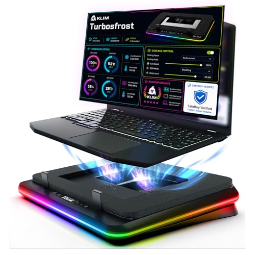 KLIM Turbofrost Refroidisseur PC Portable 4 Turbo Ventilateurs - 4x4000 RPM, 4 Ports USB, RGB Dynamique, 2 Modes d'alimentation USB-C/DC, Mousse Isolante -...