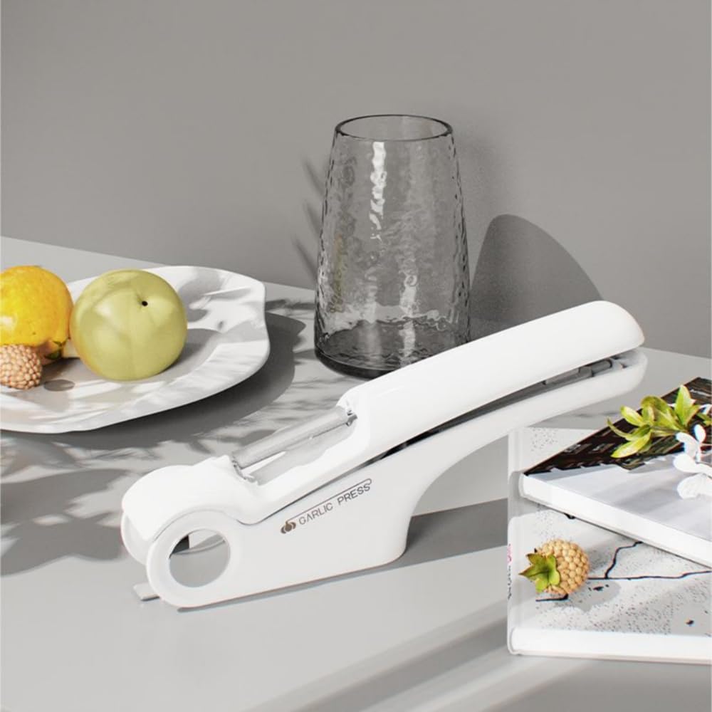 2-in-1-Knoblauchpresse, Knoblauchpresse aus Edelstahl, Knoblauchschäler und Knoblauchreinigungswerkzeug, leicht zu drückender Knoblauchschneider, ergonomischer Griff, rostfrei, Spülmaschinen-Knoblauch