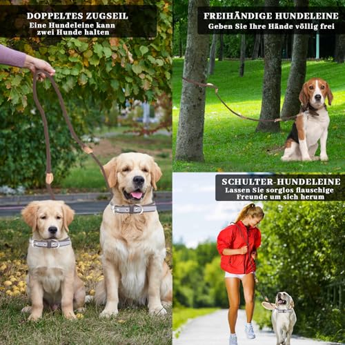 Hundeleine für Mittelgroße & Große Hunde, Multifunktionsleine Führleine für Hunde 2.1m Verstellbare mit 2 Karabiner, Robuste Nylon Dog Leash, Schleppleine Doppelleine für 2hunde (Braun, 1cm x 2.1m)
