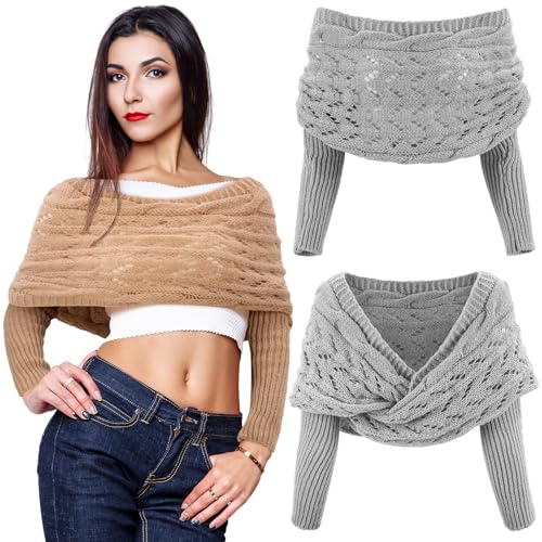 Geyoga 2 Pcs Scarf with Sleeves for Women Knitted Wrap Sweater Scarf with Sleeves Shrugs for Women Wrap Shawl