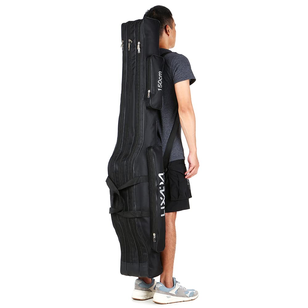 HUIOP 130cm / 150cm Trójwarstwowa torba wędkarska Przenośna składana wędka Kołowrotek Narzędzie Carry Case Carrier Travel Bag,Torba na sprzęt wędkarski, Zielona Armia, 150cm