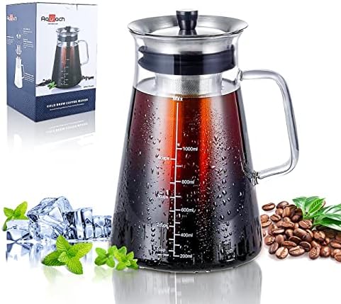 Aquach Airtight Cold Brew Iced Coffee Maker 34oz/1L, BPA-Free, Thick Borosilicate Glass Carafe with Double Fine Mesh Removable Filter, Dishwasher Safe, Rustproof, 5 Cups Capacity