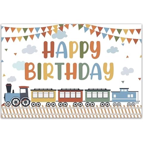 Sursurprise Vintage Train Birthday Party Decorations, Happy Birthday Train Backdrop 5 x 3ft, Colorful Train Birthday Photography Background, Train Themed Party Supplies Cover