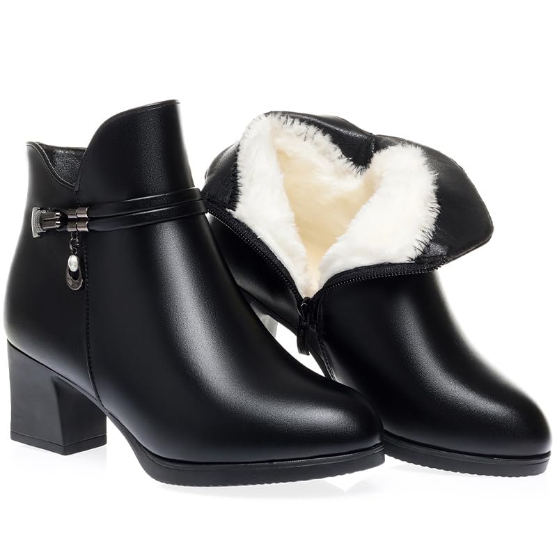 Hhhchpm Women's Faux Fur Lined Ankle Boots, Stylish Block Heel Bow - Accented Boots for Winter Casual & Dressy Occasions (Black 1,6.5)