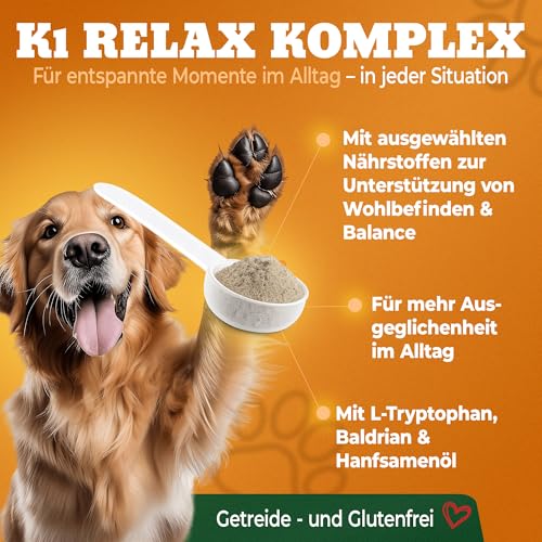 NATIVIVO K1 Relax Komplex Pulver Beruhigungsmittel für Hunde - Baldrian Hanföl & L Tryptophan Hund Beruhigung - Hunde Beruhigungsmittel unterstützend bei Angst & Stress - Beruhigung Hund - 100 Gramm
