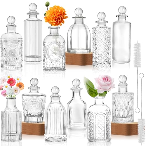 Clear Glass Bottles with Lids Bud Vases in Bulk Set of 12 Mini Flower Vase for Table Decor Small Bottle for Potion Juice Oils Vinegar Whiskey Wine with 2 Cleaning Brush Dishwasher Safety