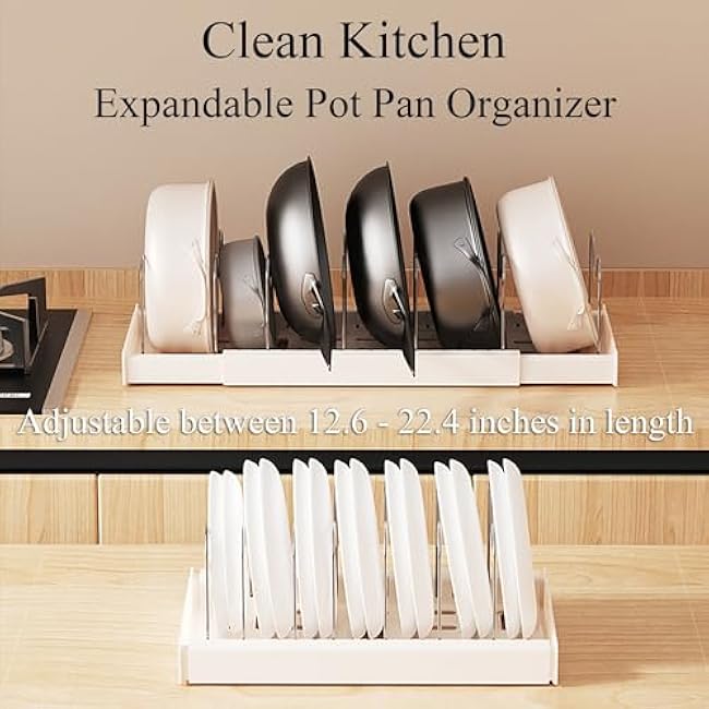 Pots and Pans Organizer Under Cabinet Expandable Pot Lid Holder with 10 Adjustable Dividers Pot Rack for Kitchen Storage Cutting Boards, Bakeware, Lid, White