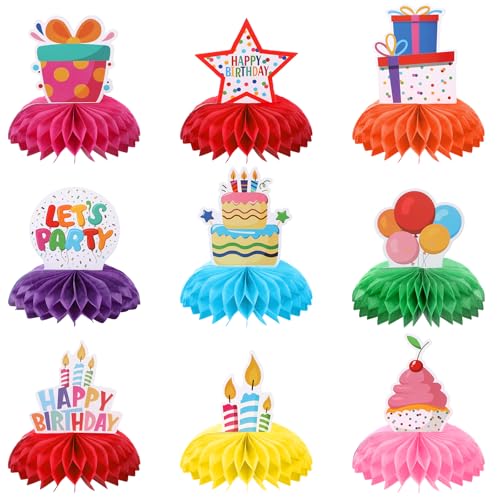 9pcs Colorful Birthday Honeycomb Centerpiece Table Decoration,Happy Birthday Decorations Set, Rainbow Birthday Themed Table Decoration for Kids' Birthday Party Supplies