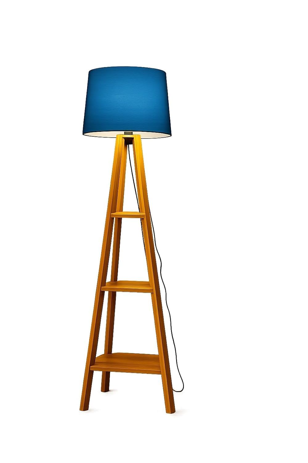 Wooden Tripod Floor Lamp with 3-Tier Shelves, Blue Fabric Shade | Ladder-Style Stand, Built-In Storage, Living Room Decor, Natural Wood Finish, Fabric Lampshade-image-32