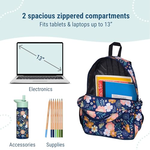 Image of Wildkin 15 Inch Backpack for Kids, Floral Bloom | Ages 5-10, padded straps, side water bottle pocket - coordinates with matching Wildkin lunch boxes and water bottles