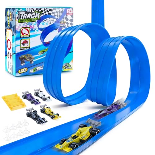 Rennwagen-Spielzeug, Autorennbahn 5m inkl. 4 Autos, 1 Rampe, ist EIN tolles Geschenk f&uuml;r Jungen und M&auml;dchen