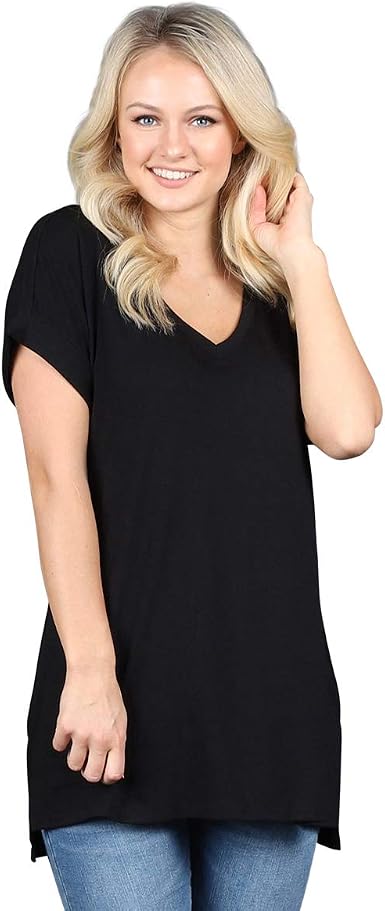 Rolled Sleeve V-Neck Tunic Black 